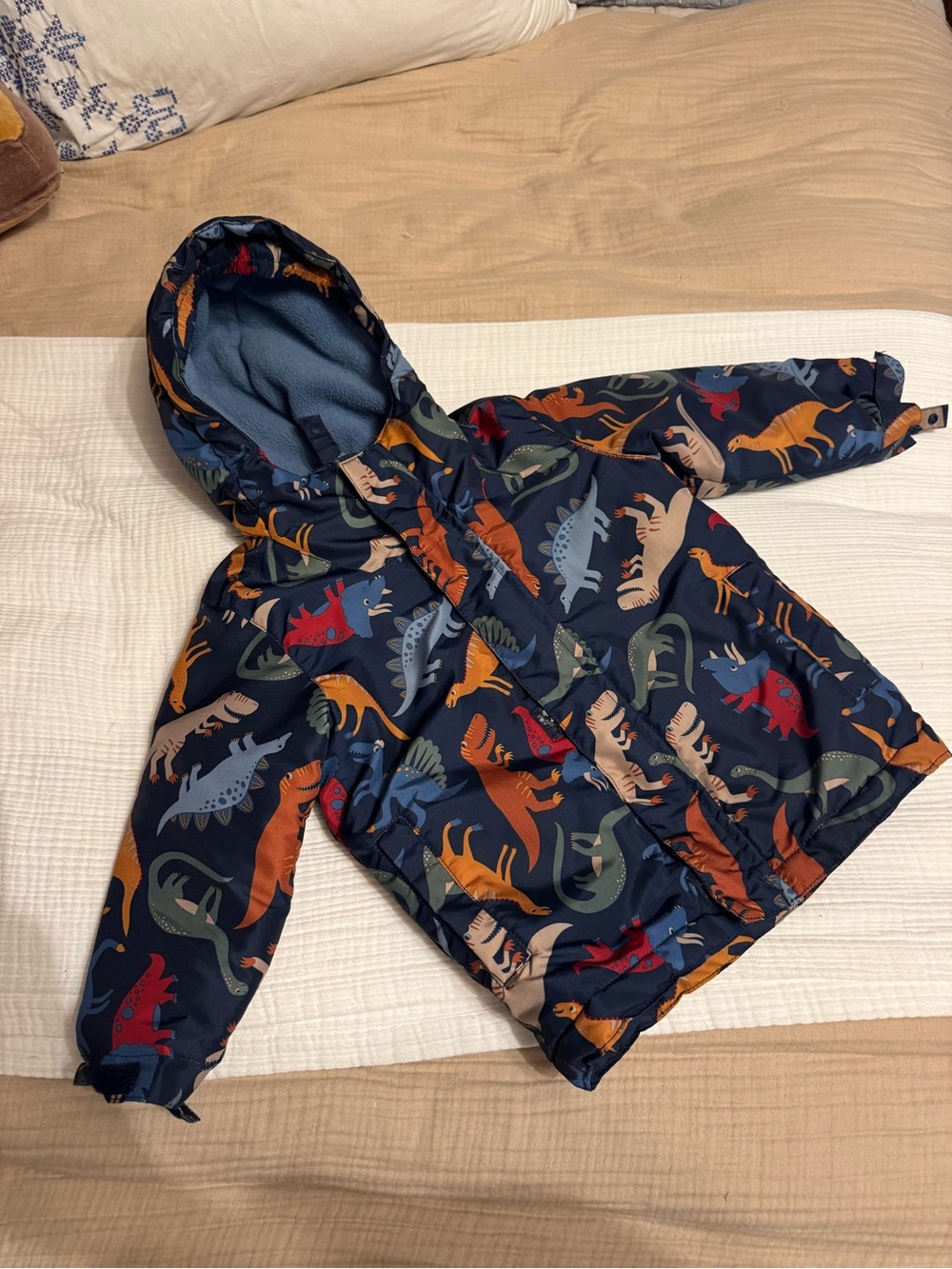 The Children's Place Navy Hooded Dino Puffer Jacket with Multicolor Dinosaurs